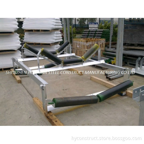 belt conveyor system trough idler set with frame and tapered roller